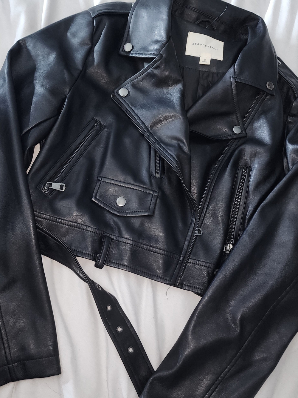 Aeropostale Black Faux Leather Moto Jacket with Belt